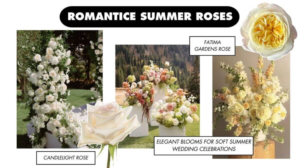 A collage of summer roses for a wedding.