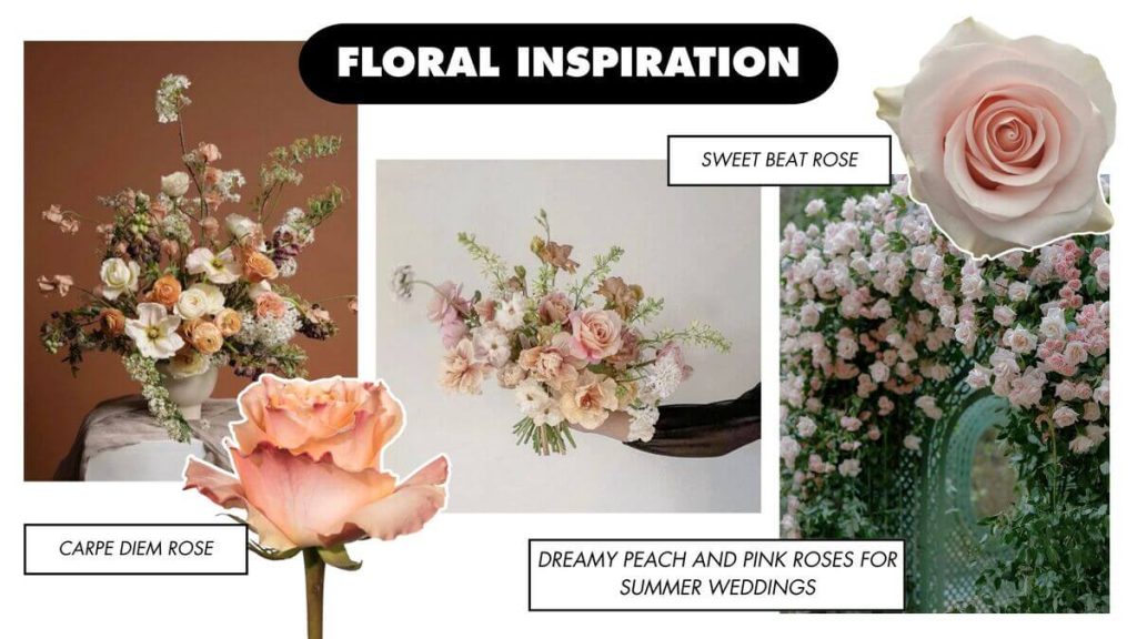 A collage of summer roses and floral inspiration for a wedding.